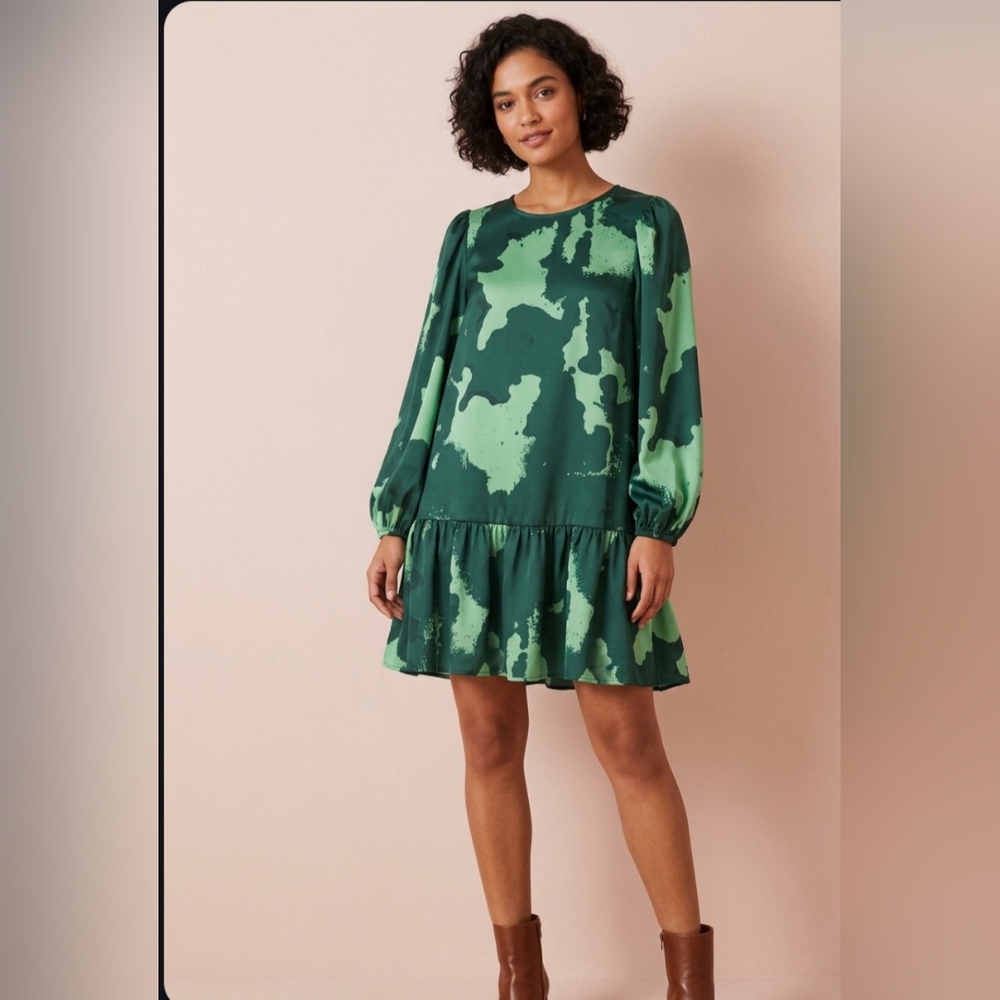Alexis Green Abstract Print  Long Sleeve Drop Waist Mini Dress NWOT Medium
